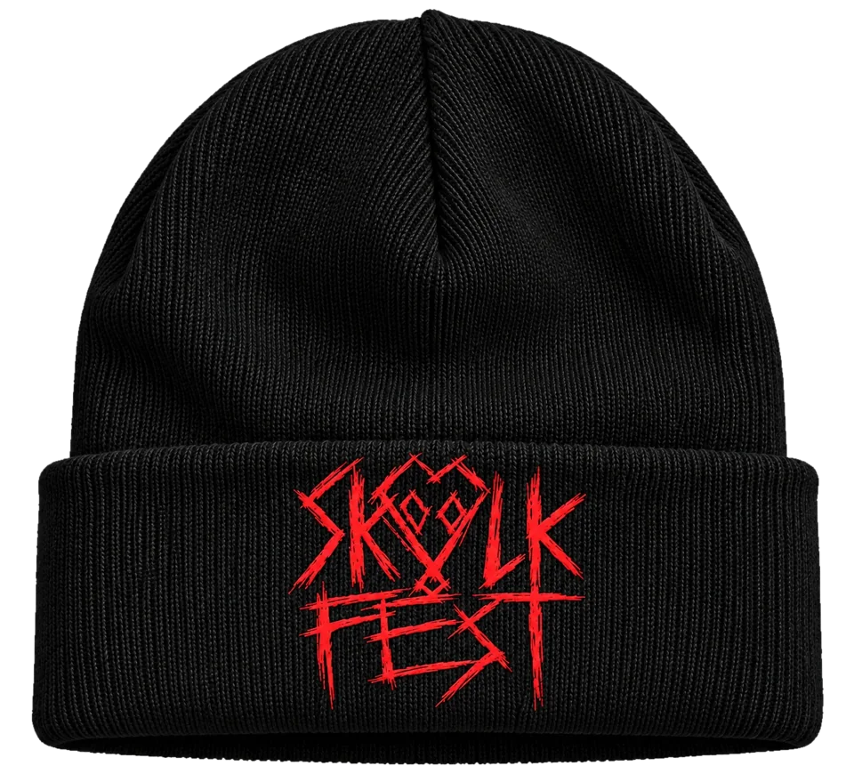Black cuffed knit beanie with the red SKVLKFest scratch logo stitched on the cuff