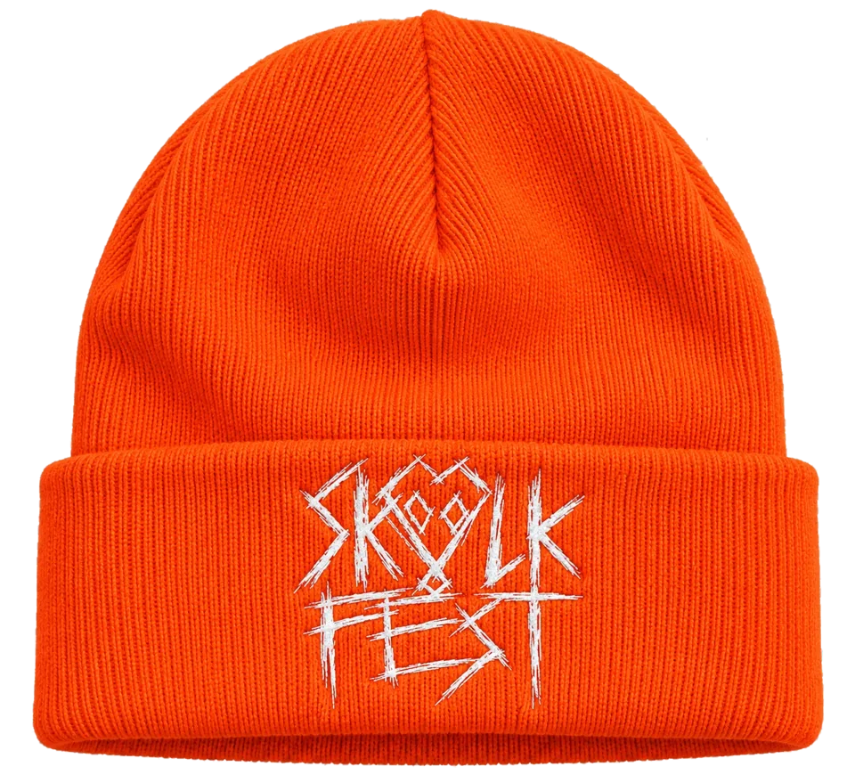 Orange cuffed knit beanie with the white SKVLKFest scratch logo stitched on the cuff