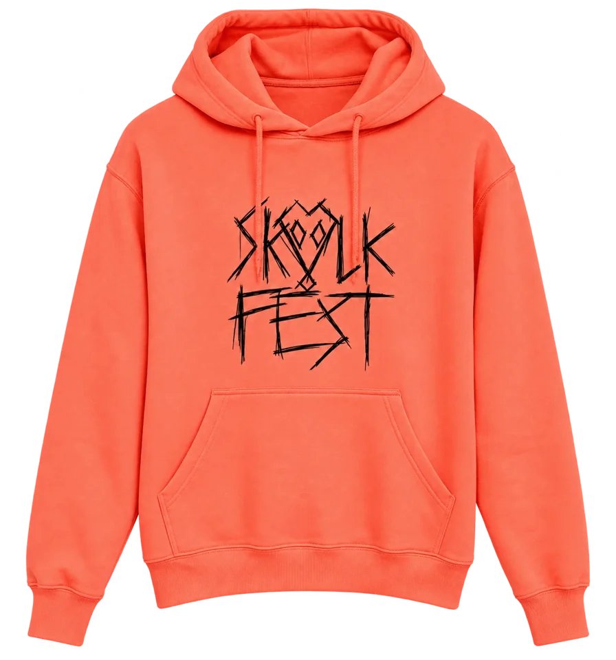 Coral SKVLKFest pullover hoodie with the black scratch logo on the chest