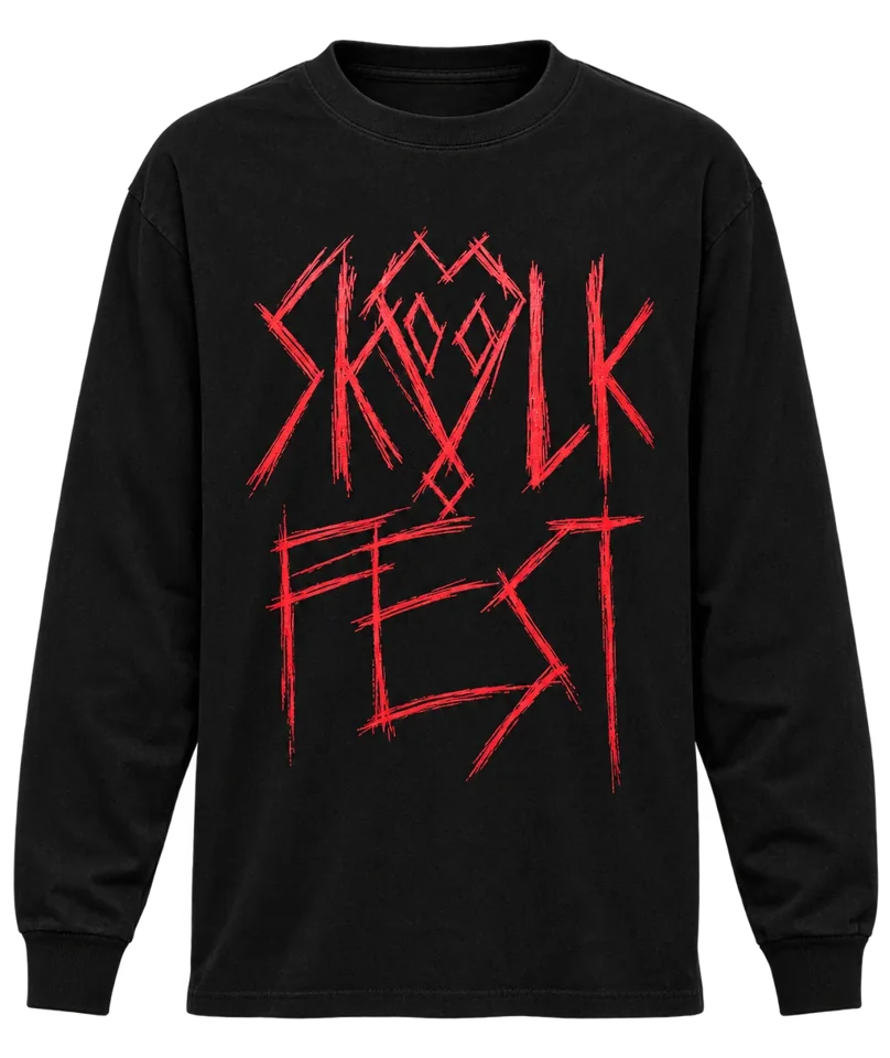 Black SKVLKFest long sleeve tee with a large red scratch logo