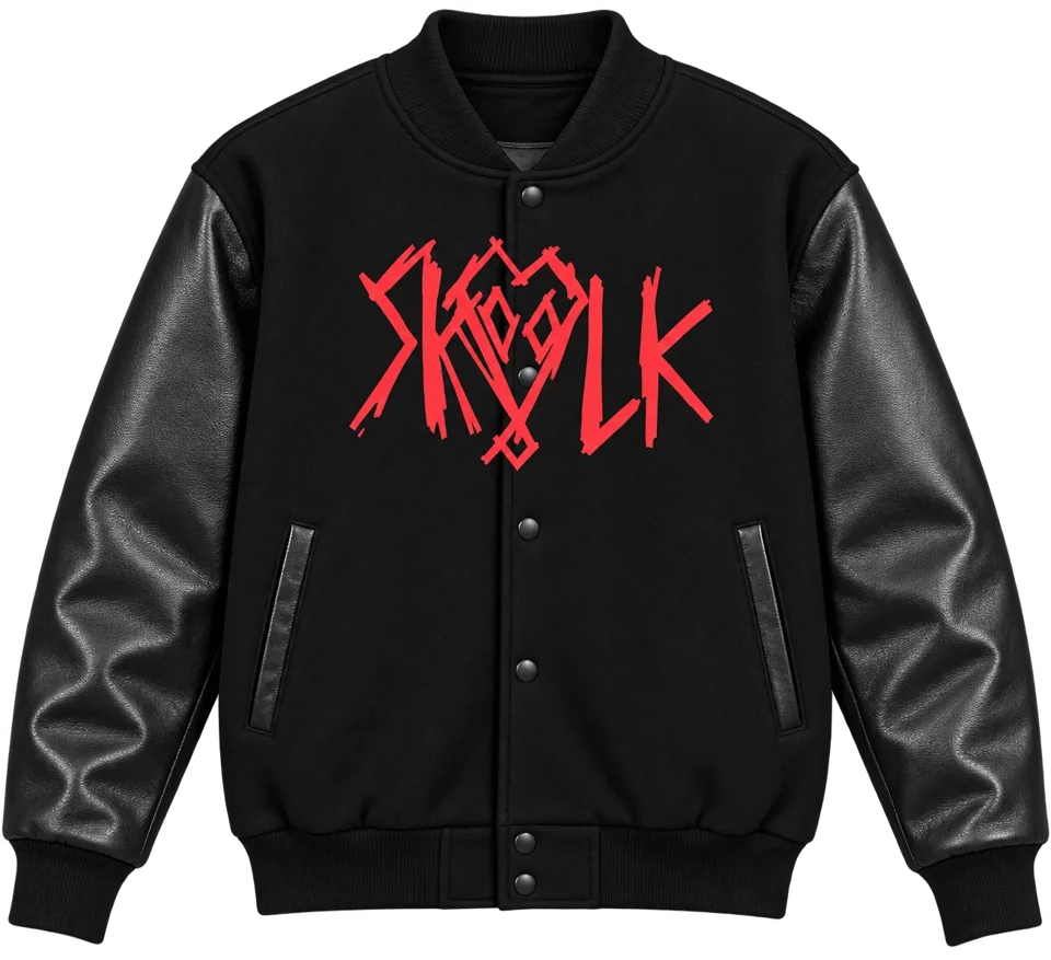Black SKVLK varsity jacket with leather sleeves and the red scratch logo across the chest
